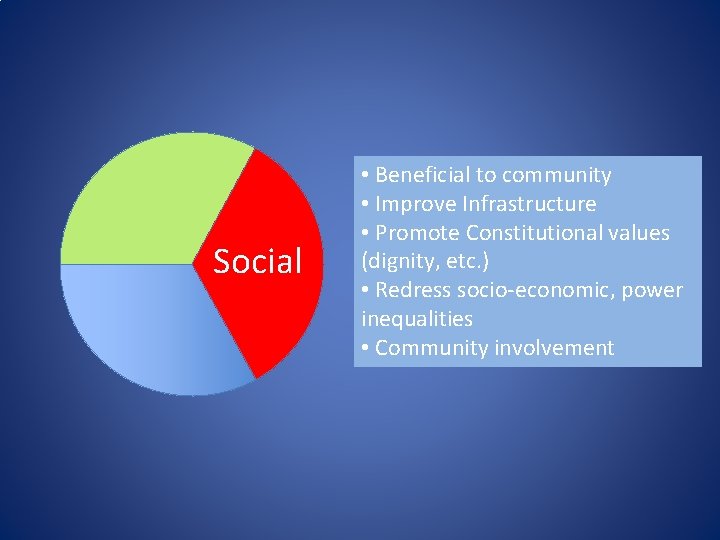 Social • Beneficial to community • Improve Infrastructure • Promote Constitutional values (dignity, etc.