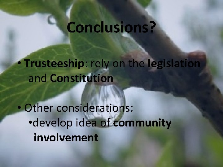 Conclusions? • Trusteeship: rely on the legislation and Constitution • Other considerations: • develop