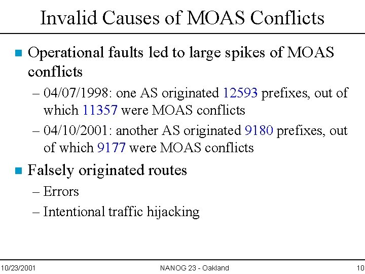 Invalid Causes of MOAS Conflicts n Operational faults led to large spikes of MOAS