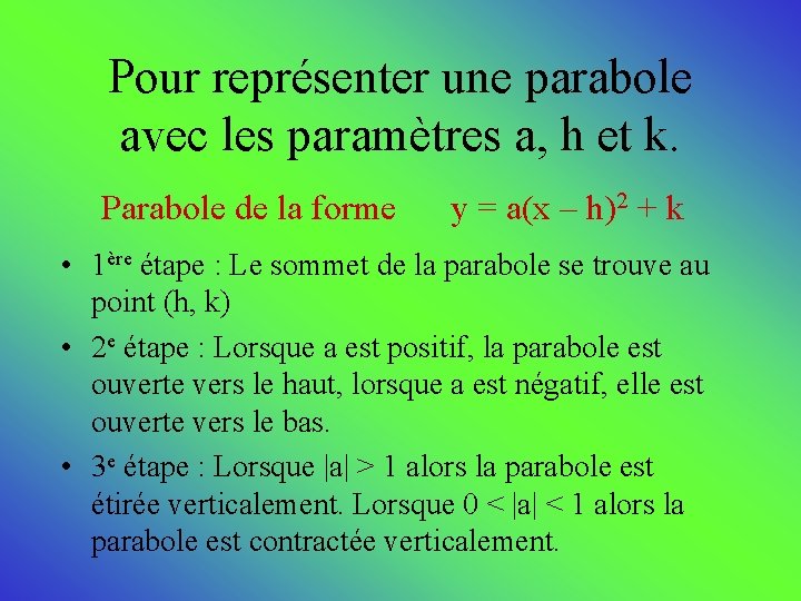 Pour représenter une parabole avec les paramètres a, h et k. Parabole de la