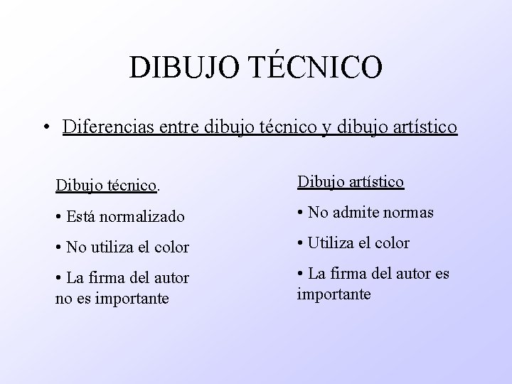 DIBUJO TÉCNICO • Diferencias entre dibujo técnico y dibujo artístico Dibujo técnico. Dibujo artístico