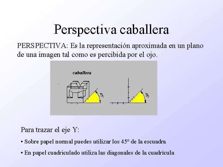 Perspectiva caballera PERSPECTIVA: Es la representación aproximada en un plano de una imagen tal