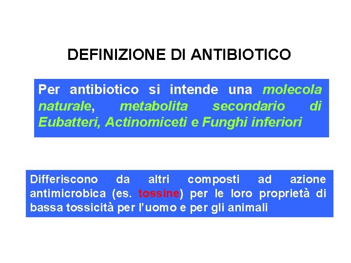 DEFINIZIONE DI ANTIBIOTICO Per antibiotico si intende una molecola naturale, metabolita secondario di Eubatteri,