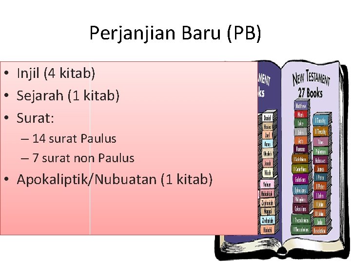 Perjanjian Baru (PB) • Injil (4 kitab) • Sejarah (1 kitab) • Surat: –