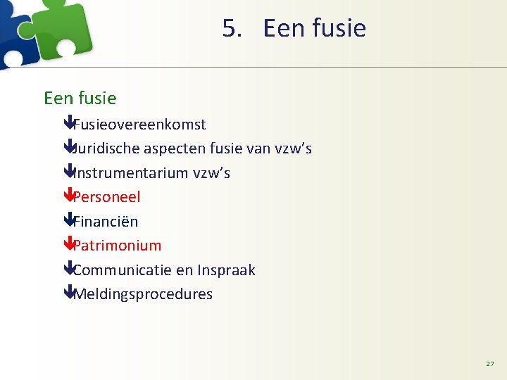 5. Een fusie êFusieovereenkomst êJuridische aspecten fusie van vzw’s êInstrumentarium vzw’s êPersoneel êFinanciën êPatrimonium