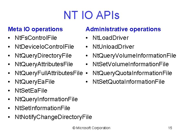 NT IO APIs Meta IO operations Administrative operations • Nt. Fs. Control. File •