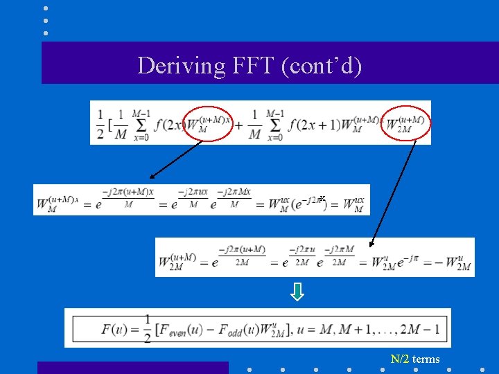 Deriving FFT (cont’d) x N/2 terms 