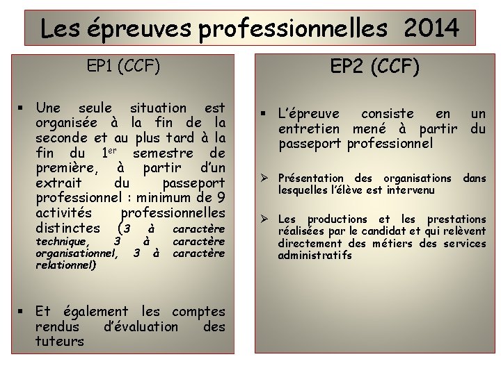 Les épreuves professionnelles 2014 EP 1 (CCF) EP 2 (CCF) § Une seule situation
