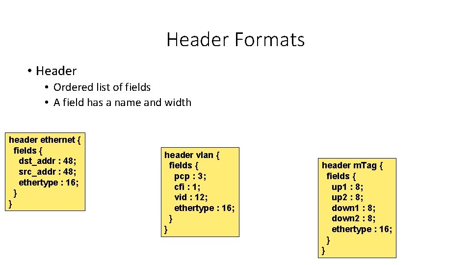Header Formats • Header • Ordered list of fields • A field has a
