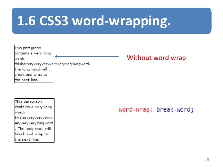 1. 6 CSS 3 word-wrapping. Without word wrap 31 
