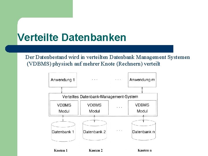 Verteilte Datenbanken Der Datenbestand wird in verteilten Datenbank Management Systemen (VDBMS) physisch auf mehrer