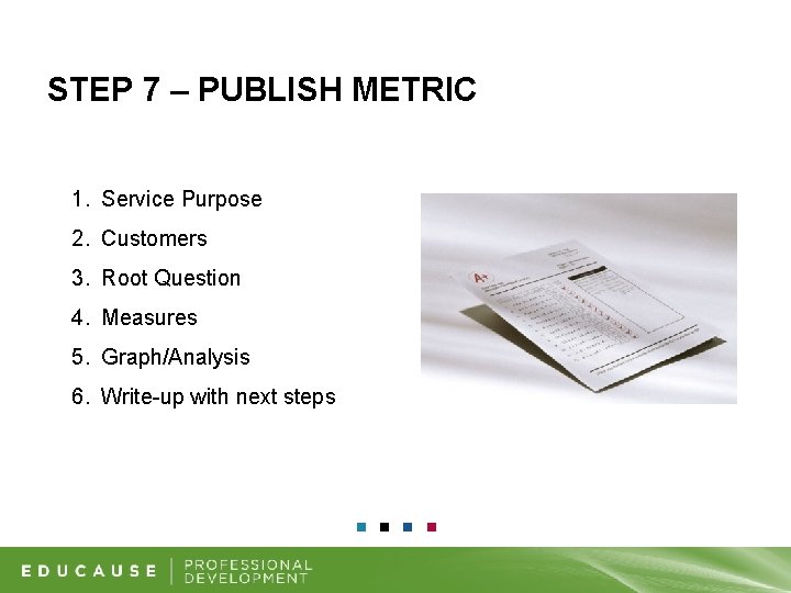 STEP 7 – PUBLISH METRIC 1. Service Purpose 2. Customers 3. Root Question 4.