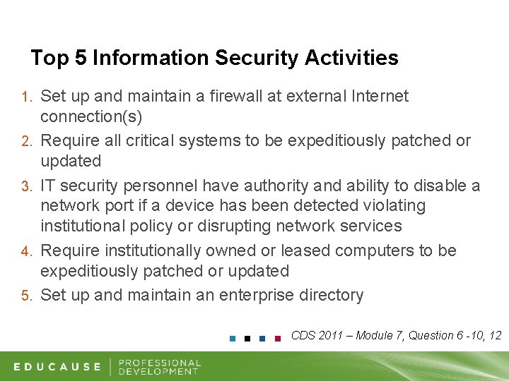 Top 5 Information Security Activities 1. 2. 3. 4. 5. Set up and maintain