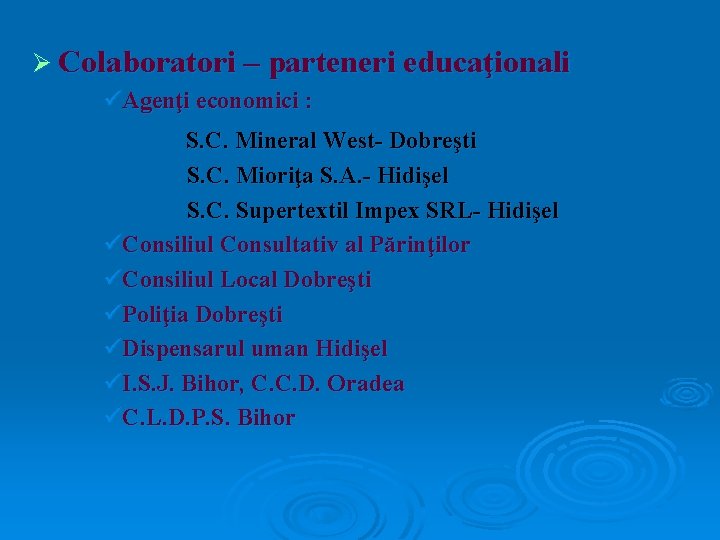 Ø Colaboratori – parteneri educaţionali üAgenţi economici : S. C. Mineral West- Dobreşti S.