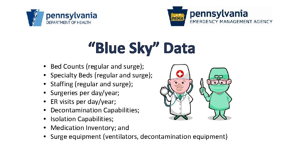 “Blue Sky” Data • • • Bed Counts (regular and surge); Specialty Beds (regular