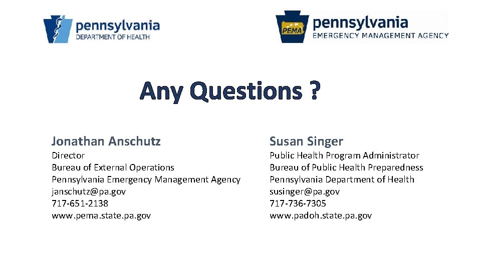 Any Questions ? Jonathan Anschutz Director Bureau of External Operations Pennsylvania Emergency Management Agency