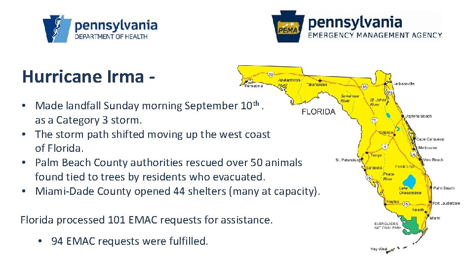 Hurricane Irma • Made landfall Sunday morning September 10 th. as a Category 3