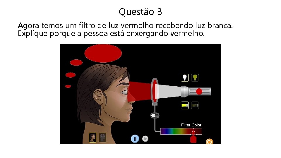 Questão 3 Agora temos um filtro de luz vermelho recebendo luz branca. Explique porque