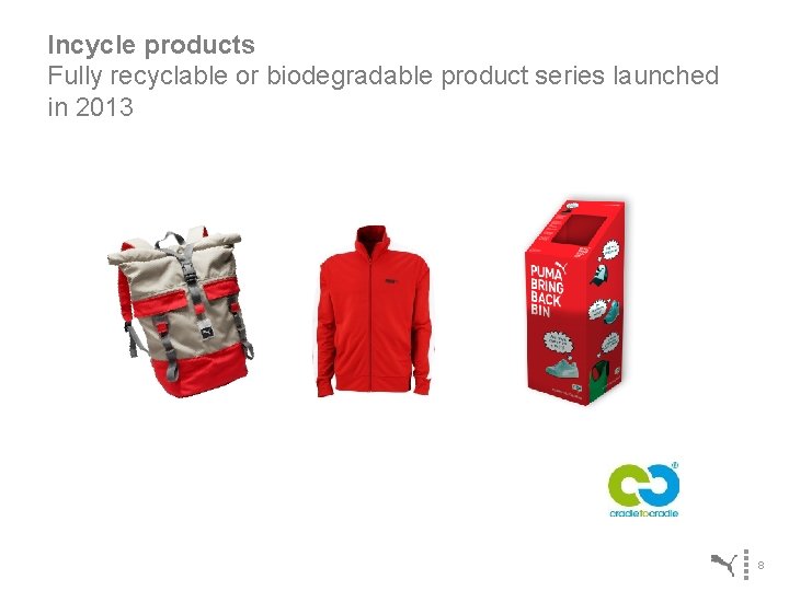 Incycle products Fully recyclable or biodegradable product series launched in 2013 8 