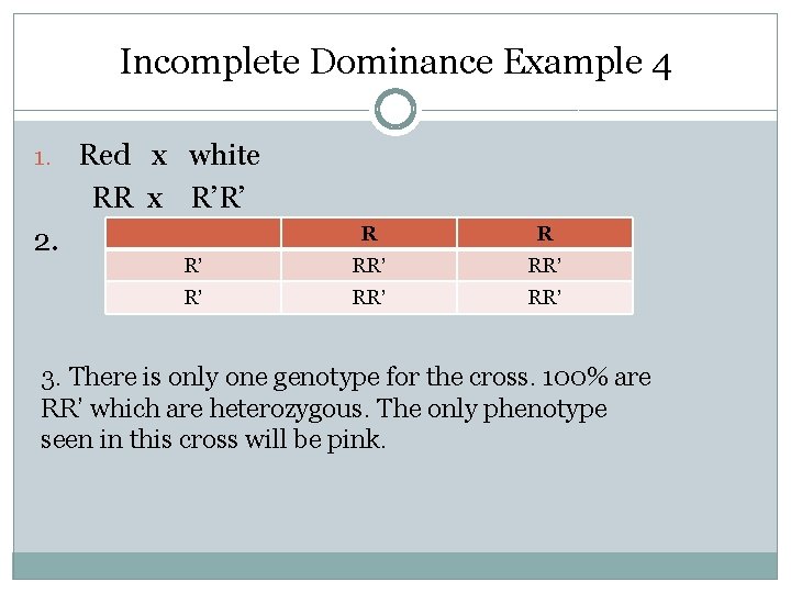 Incomplete Dominance Example 4 1. 2. Red x white RR x R’R’ R R
