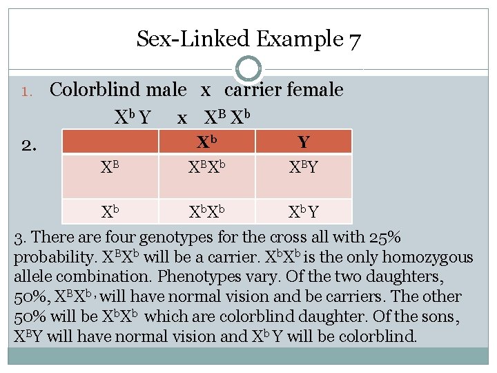 Sex-Linked Example 7 1. Colorblind male x carrier female Xb Y 2. XB x Sex-Linked Example 7 1. Colorblind male x carrier female Xb Y 2. XB x