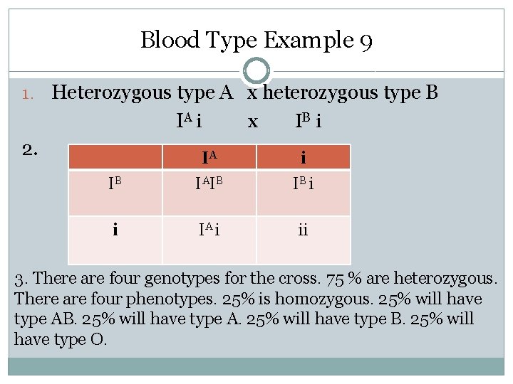 Blood Type Example 9 1. Heterozygous type A x heterozygous type B IA i