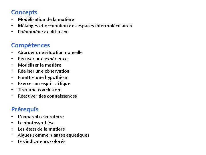 Concepts • Modélisation de la matière • Mélanges et occupation des espaces intermoléculaires • Concepts • Modélisation de la matière • Mélanges et occupation des espaces intermoléculaires •