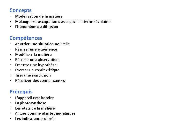 Concepts • Modélisation de la matière • Mélanges et occupation des espaces intermoléculaires •