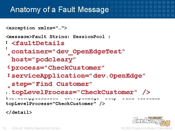 Anatomy of a Fault Message <exception xmlns=“…"> <message>Fault String: Session. Pool : No. Available.