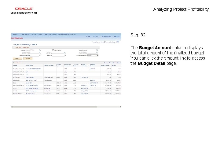 Analyzing Project Profitability Step 32 The Budget Amount column displays the total amount of