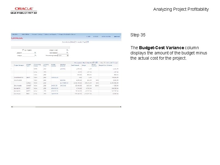 Analyzing Project Profitability Step 35 The Budget-Cost Variance column displays the amount of the
