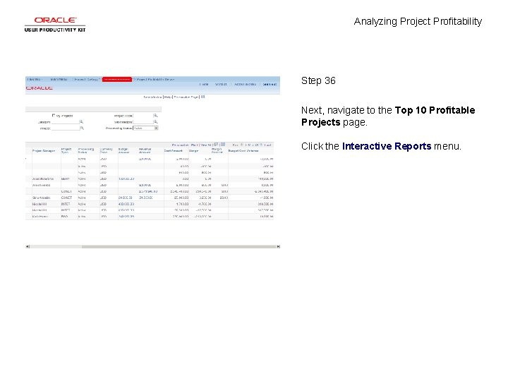 Analyzing Project Profitability Step 36 Next, navigate to the Top 10 Profitable Projects page. Analyzing Project Profitability Step 36 Next, navigate to the Top 10 Profitable Projects page.