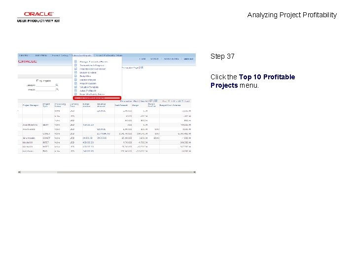 Analyzing Project Profitability Step 37 Click the Top 10 Profitable Projects menu. 