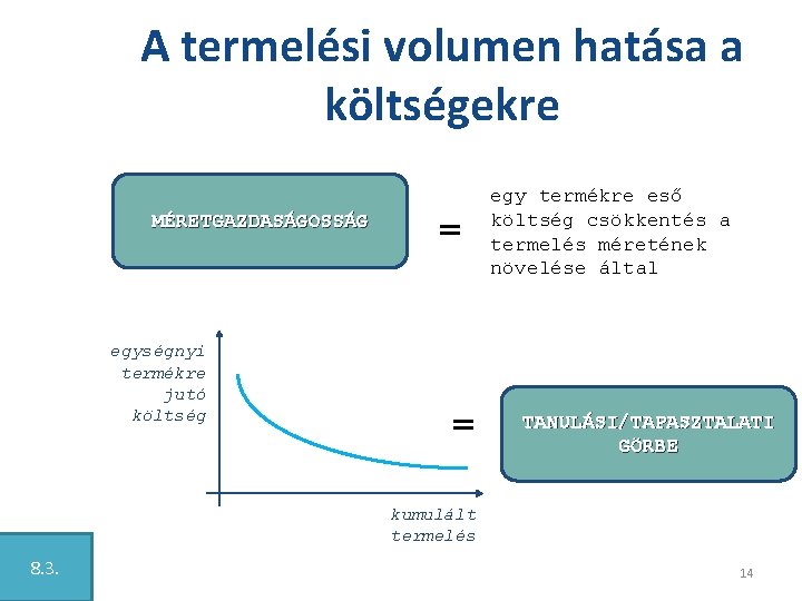 A termelési volumen hatása a költségekre MÉRETGAZDASÁGOSSÁG egységnyi termékre jutó költség = = egy