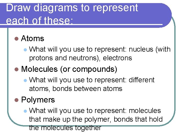 Draw diagrams to represent each of these: l Atoms l What will you use