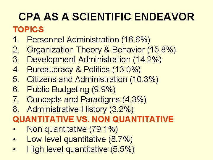 CPA AS A SCIENTIFIC ENDEAVOR TOPICS 1. Personnel Administration (16. 6%) 2. Organization Theory
