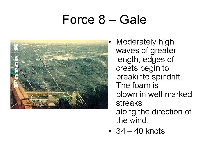 Force 8 – Gale • Moderately high waves of greater length; edges of crests
