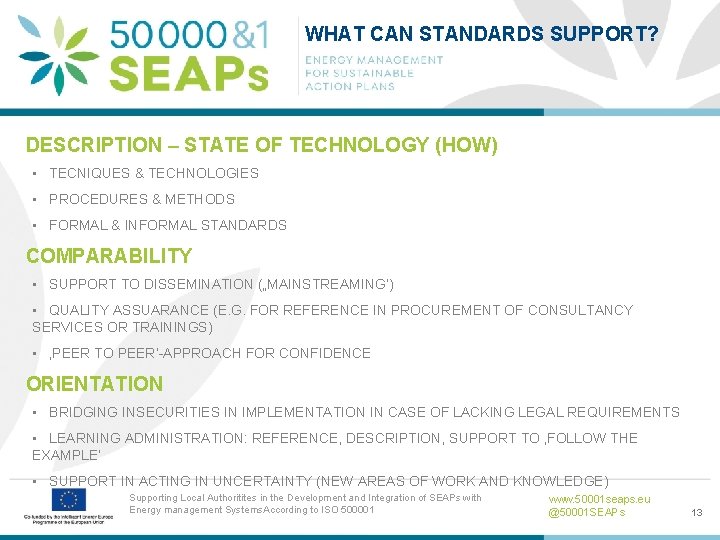 WHAT CAN STANDARDS SUPPORT? DESCRIPTION – STATE OF TECHNOLOGY (HOW) • TECNIQUES & TECHNOLOGIES