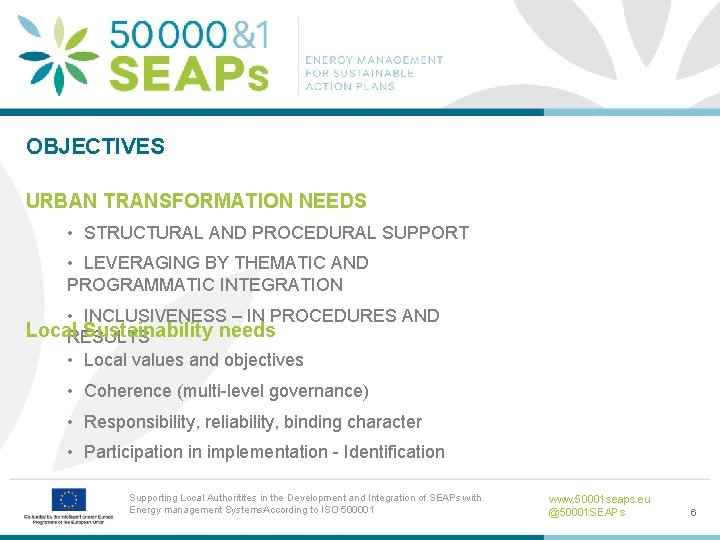 OBJECTIVES URBAN TRANSFORMATION NEEDS • STRUCTURAL AND PROCEDURAL SUPPORT • LEVERAGING BY THEMATIC AND