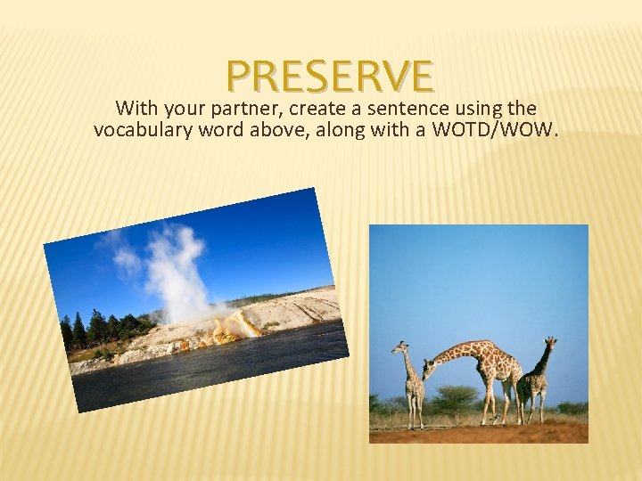 PRESERVE With your partner, create a sentence using the vocabulary word above, along with