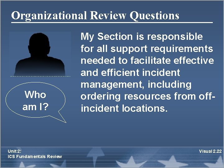 Organizational Review Questions Who am I? Unit 2: ICS Fundamentals Review My Section is