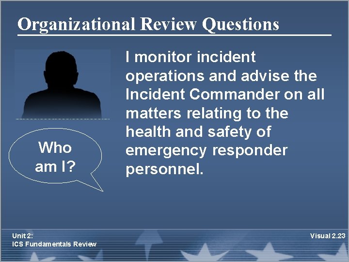 Organizational Review Questions Who am I? Unit 2: ICS Fundamentals Review I monitor incident
