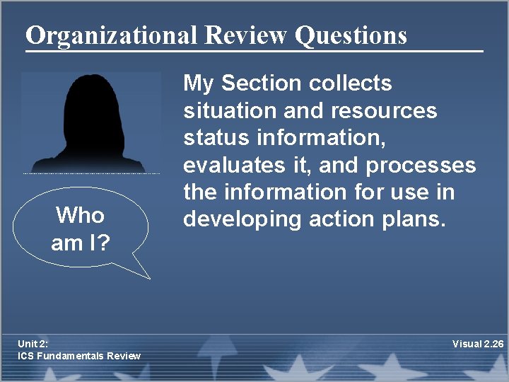 Organizational Review Questions Who am I? Unit 2: ICS Fundamentals Review My Section collects