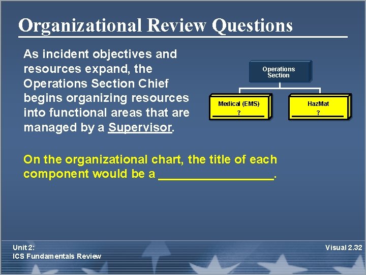Organizational Review Questions As incident objectives and resources expand, the Operations Section Chief begins