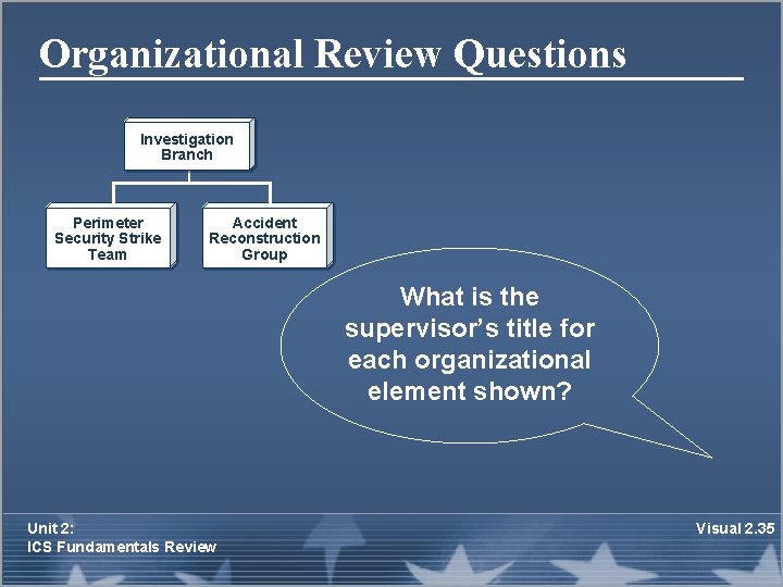 Organizational Review Questions Investigation Branch Perimeter Security Strike Team Accident Reconstruction Group What is