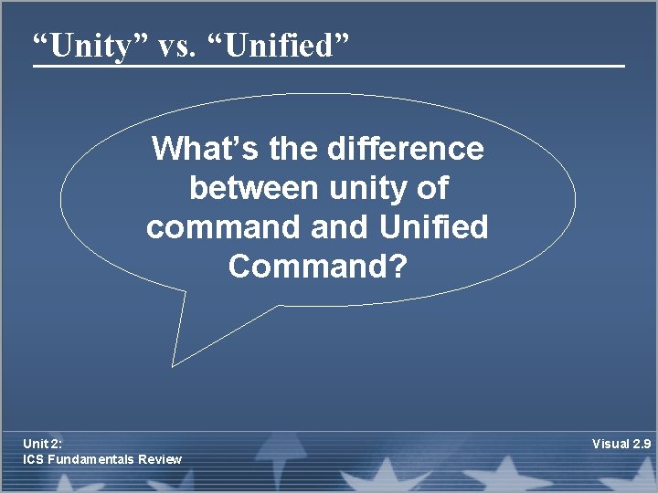 “Unity” vs. “Unified” What’s the difference between unity of command Unified Command? Unit 2:
