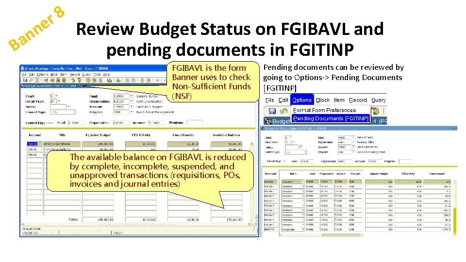 Ba 8 r e Review Budget Status on FGIBAVL and n n pending documents