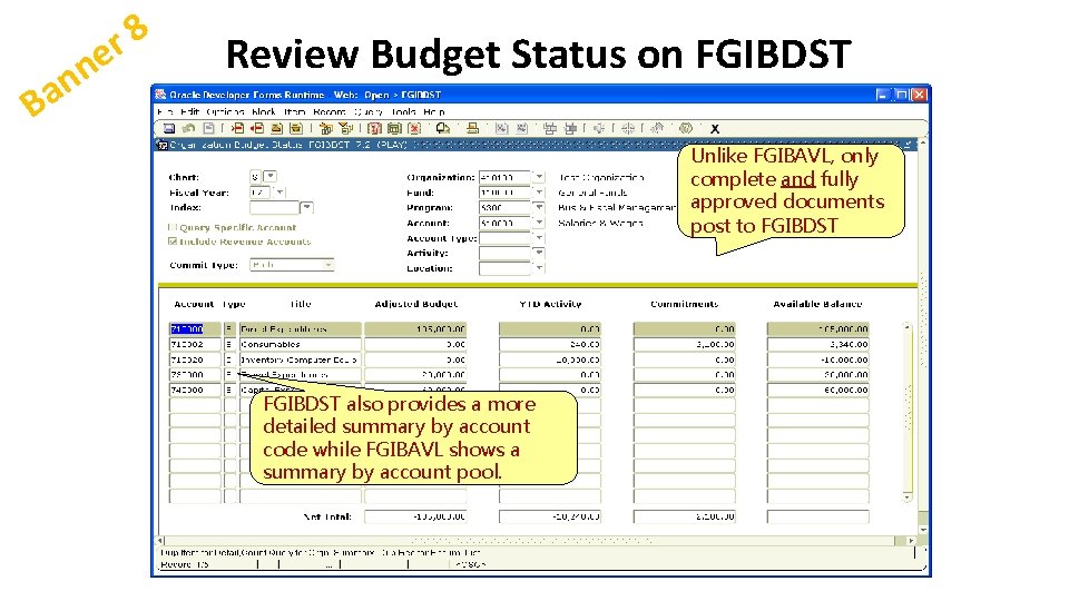 n a B 8 r ne Review Budget Status on FGIBDST Unlike FGIBAVL, only