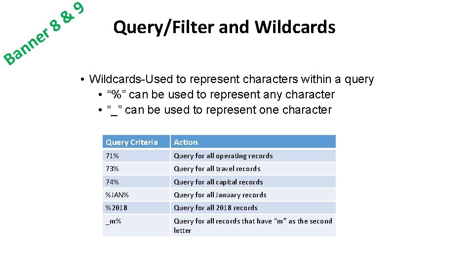 n n Ba er & 8 9 Query/Filter and Wildcards • Wildcards-Used to represent