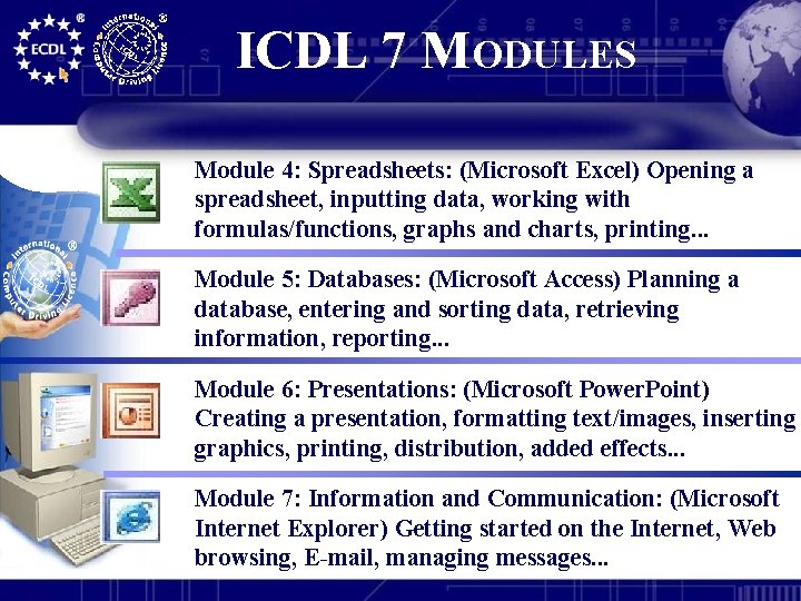 ICDL 7 MODULES Module 4: Spreadsheets: (Microsoft Excel) Opening a spreadsheet, inputting data, working